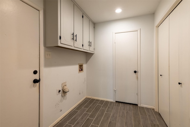 1904 Park Hill Dr, Arlington, TX 76012 - clothes washing area with cabinet space, recessed lighting, dark wood-style floors, baseboards, and hookup for a washing machine