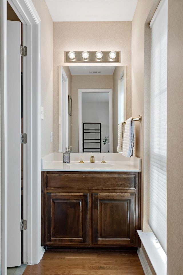 bathroom with vanity and wood finished floors