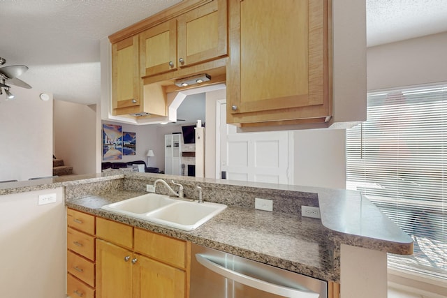 kitchen with stainless steel dishwasher, a sink, a textured ceiling, light brown cabinetry, and ceiling fan