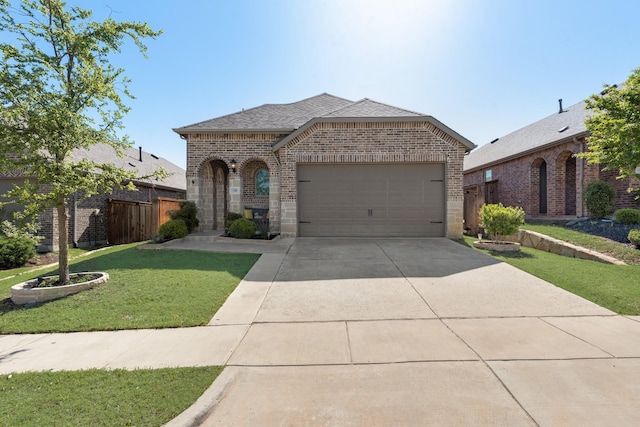 1008 Shire Dr, Aubrey, TX 76227 - french country style house with an attached garage, fence, concrete driveway, a front lawn, and brick siding