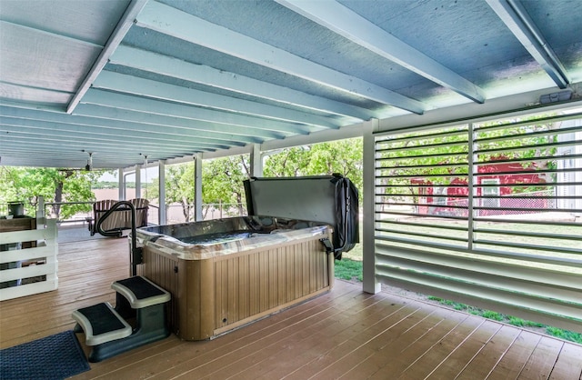 wooden terrace featuring an indoor hot tub