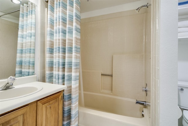full bathroom with vanity, toilet, and shower / bathtub combination with curtain
