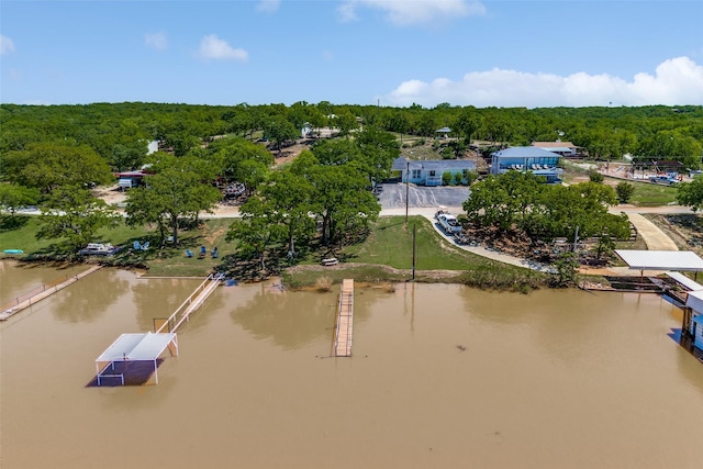 birds eye view of property with a wooded view and a water view