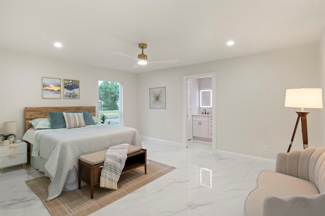 1925 Berkner Dr, Richardson, TX 75081 - bedroom with light marble finish floors, recessed lighting, baseboards, ensuite bath, and ceiling fan
