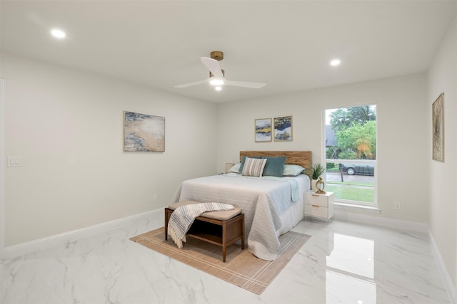 1925 Berkner Dr, Richardson, TX 75081 - bedroom with light marble finish flooring, baseboards, recessed lighting, and ceiling fan