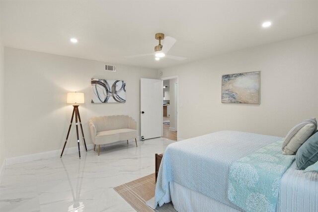 1925 Berkner Dr, Richardson, TX 75081 - bedroom featuring light marble finish flooring, recessed lighting, baseboards, and ceiling fan