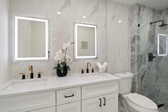 1925 Berkner Dr, Richardson, TX 75081 - full bathroom featuring tile walls, toilet, a marble finish shower, and double vanity