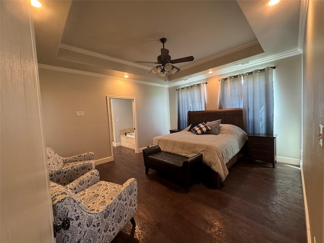 251 Rs County Road 3430, Emory, TX 75440 - bedroom with ceiling fan, a tray ceiling, dark wood finished floors, baseboards, and ornamental molding