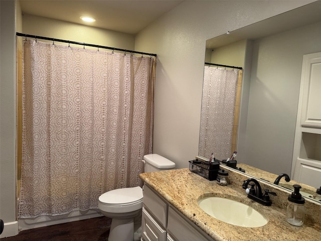 251 Rs County Road 3430, Emory, TX 75440 - full bathroom with recessed lighting, wood finished floors, toilet, vanity, and shower / tub combo with curtain