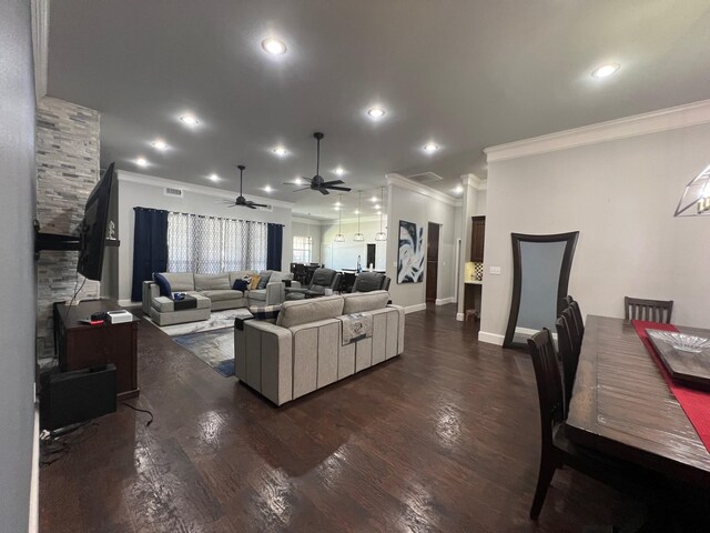 251 Rs County Road 3430, Emory, TX 75440 - living area featuring dark wood finished floors, a ceiling fan, crown molding, and visible vents