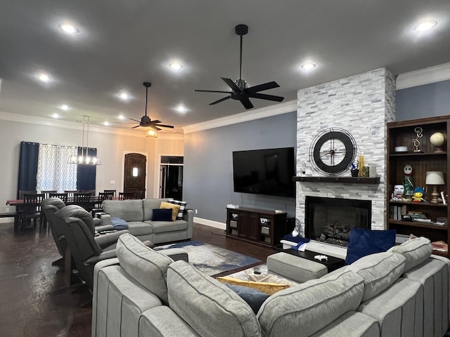 251 Rs County Road 3430, Emory, TX 75440 - living room featuring crown molding, ceiling fan, a fireplace, baseboards, and recessed lighting