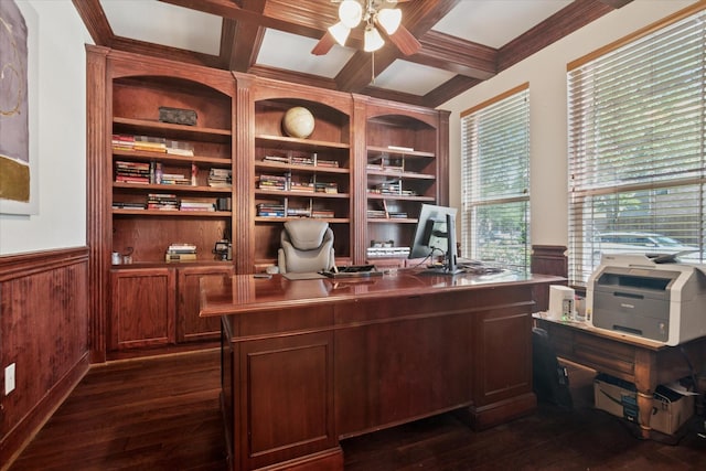 3852 Banner Dr, Frisco, TX 75034 - home office featuring a ceiling fan, dark wood finished floors, coffered ceiling, wainscoting, and beamed ceiling