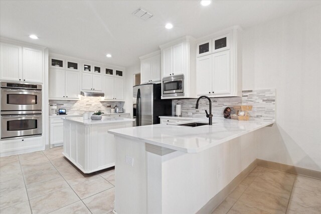 3852 Banner Dr, Frisco, TX 75034 - kitchen with appliances with stainless steel finishes, a peninsula, under cabinet range hood, tasteful backsplash, and light countertops