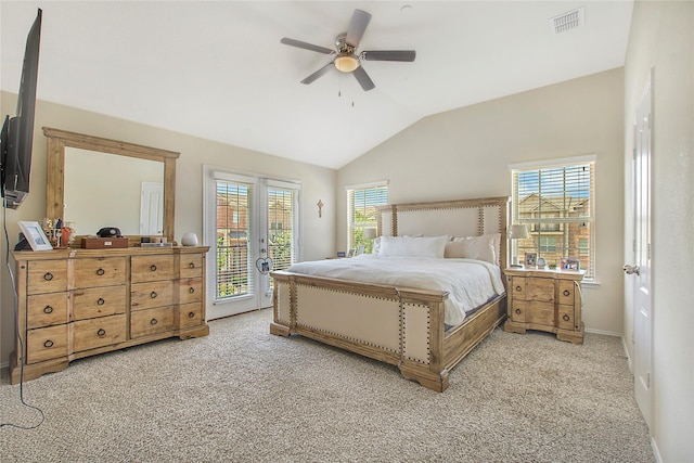 carpeted bedroom with a ceiling fan, baseboards, lofted ceiling, access to outside, and visible vents