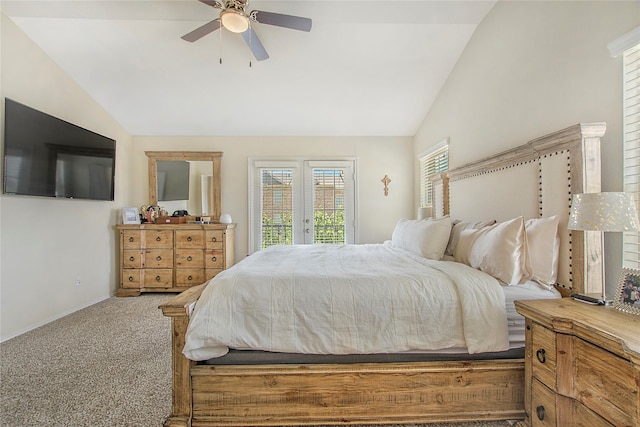 bedroom with access to exterior, baseboards, carpet, lofted ceiling, and ceiling fan