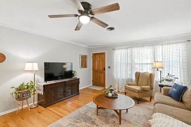 6050 Douglas St, Fort Worth, TX 76114 - living room with ornamental molding, light wood finished floors, and ceiling fan