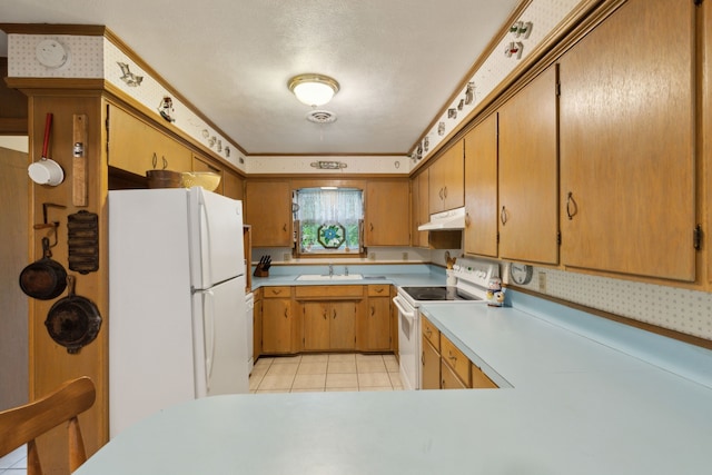 kitchen featuring light countertops, a sink, under cabinet range hood, and white appliances