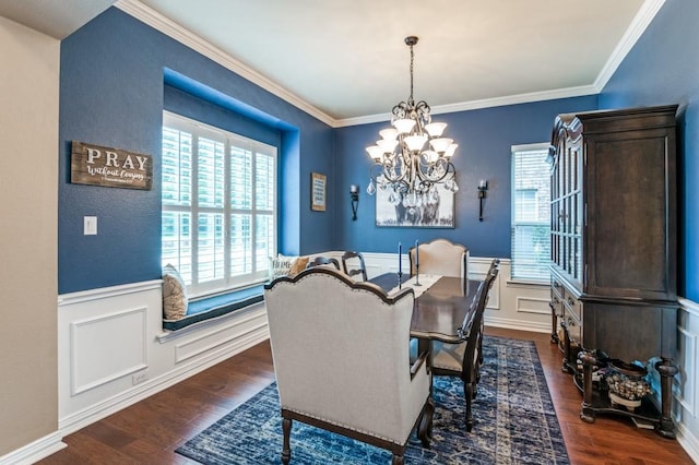 3226 Appleblossom Dr, Frisco, TX 75033 - dining room with wainscoting, a chandelier, dark wood-type flooring, a decorative wall, and ornamental molding