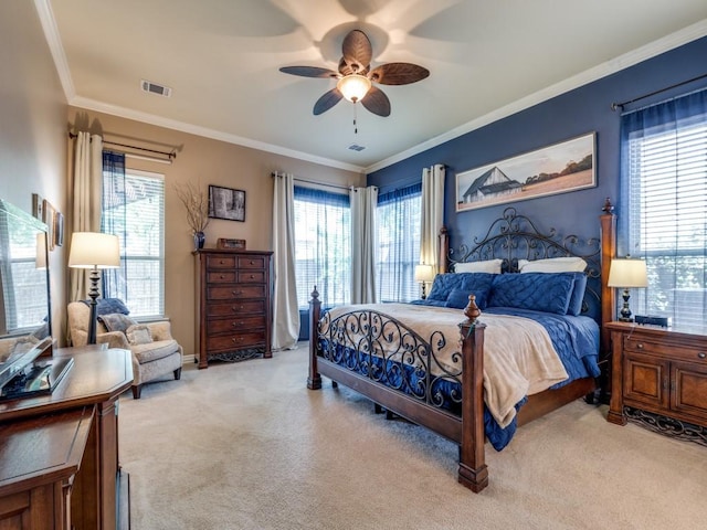 3226 Appleblossom Dr, Frisco, TX 75033 - bedroom with light carpet, multiple windows, crown molding, and a ceiling fan