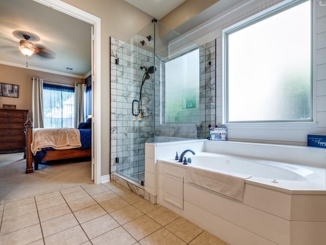 3226 Appleblossom Dr, Frisco, TX 75033 - full bath with tile patterned floors, connected bathroom, a shower stall, a bath, and crown molding