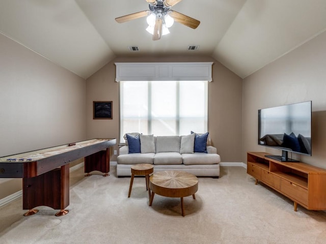 3226 Appleblossom Dr, Frisco, TX 75033 - living area featuring lofted ceiling, light colored carpet, a ceiling fan, and baseboards