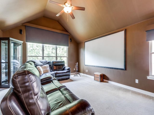 3226 Appleblossom Dr, Frisco, TX 75033 - cinema room with carpet floors, vaulted ceiling, ceiling fan, and baseboards