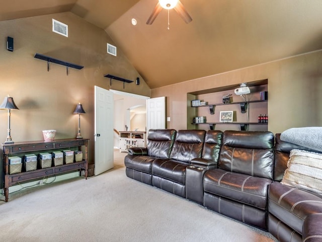 3226 Appleblossom Dr, Frisco, TX 75033 - cinema room featuring carpet floors, ceiling fan, and high vaulted ceiling