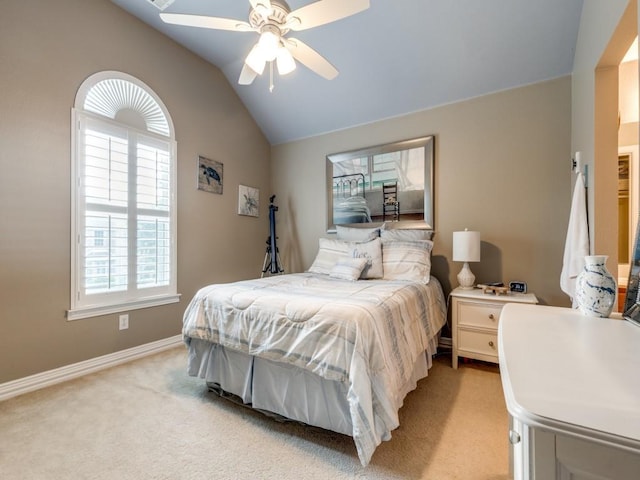 3226 Appleblossom Dr, Frisco, TX 75033 - bedroom with light colored carpet, vaulted ceiling, baseboards, and ceiling fan