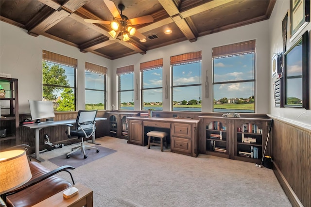 office area with a ceiling fan, visible vents, carpet floors, and coffered ceiling