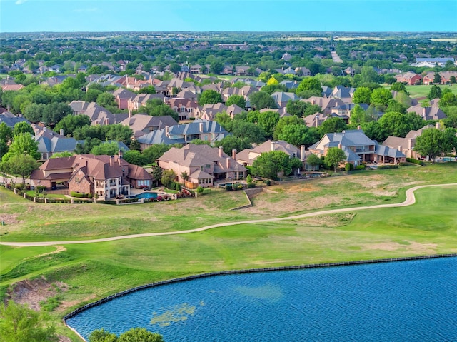 bird's eye view with a water view, a residential view, and view of golf course