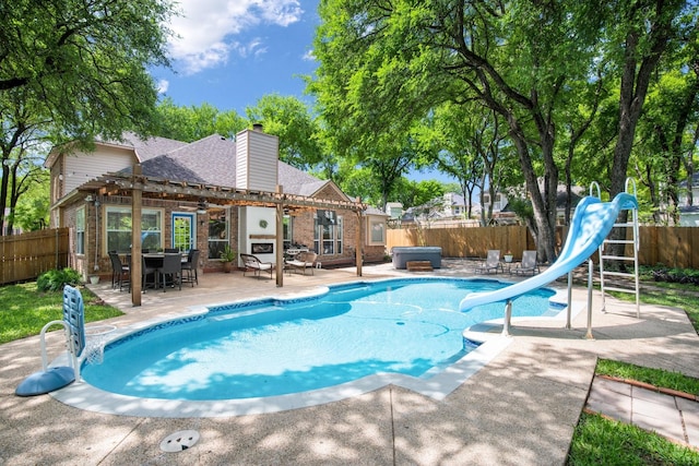 view of pool featuring a jacuzzi, a water slide, a pergola, a fenced backyard, and a patio