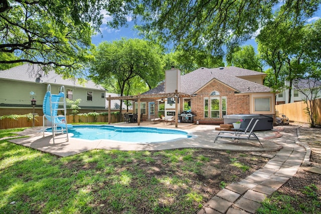 view of swimming pool with a jacuzzi, a water slide, a pergola, a fenced backyard, and a patio