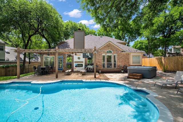 view of pool with a fenced in pool, a pergola, a fenced backyard, a patio, and a hot tub