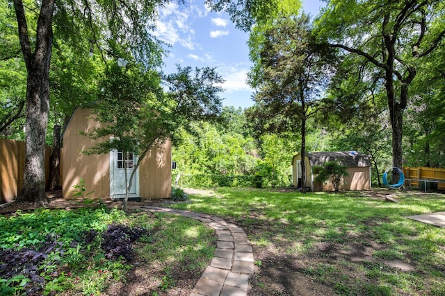 view of yard featuring a fenced backyard, an outbuilding, and a shed