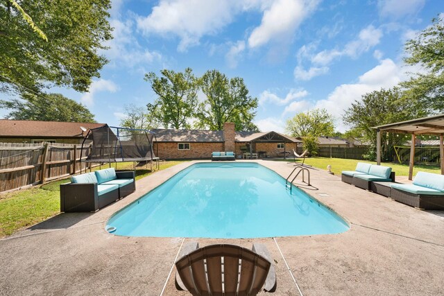122 Jill Ln, Sulphur Springs, TX 75482 - view of swimming pool with a trampoline, an outdoor hangout area, a patio area, and a fenced backyard