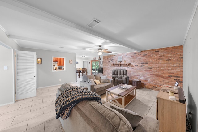 122 Jill Ln, Sulphur Springs, TX 75482 - living room featuring brick wall, light tile patterned floors, and a ceiling fan