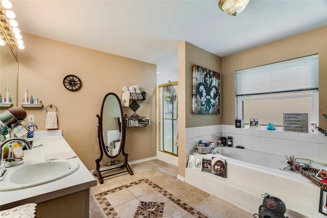 259 Deer Valley Dr, Powderly, TX 75473 - bathroom featuring a bath, a sink, a stall shower, baseboards, and tile patterned flooring