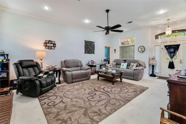 259 Deer Valley Dr, Powderly, TX 75473 - carpeted living area with recessed lighting, visible vents, a ceiling fan, and ornamental molding