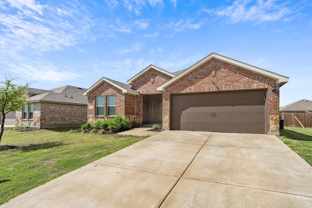 ranch-style house featuring concrete driveway, an attached garage, brick siding, and a front yard