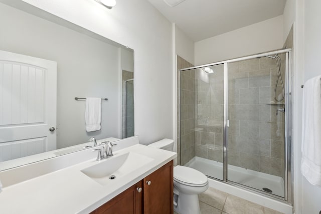 full bath with vanity, toilet, tile patterned flooring, and a stall shower