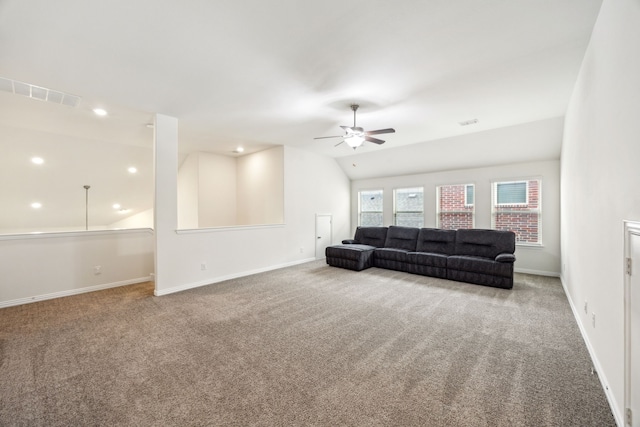 carpeted living room with recessed lighting, vaulted ceiling, visible vents, a ceiling fan, and baseboards