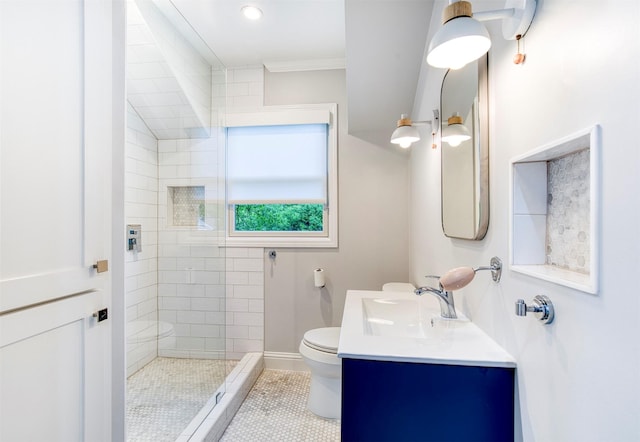 full bath with vanity, ornamental molding, tile patterned flooring, toilet, and a shower stall