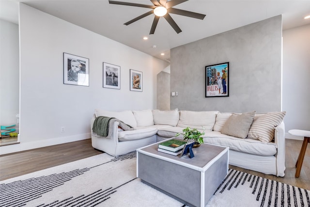 1922 La Croix Pl, Dallas, TX 75214 - living room with a ceiling fan, wood finished floors, recessed lighting, and baseboards
