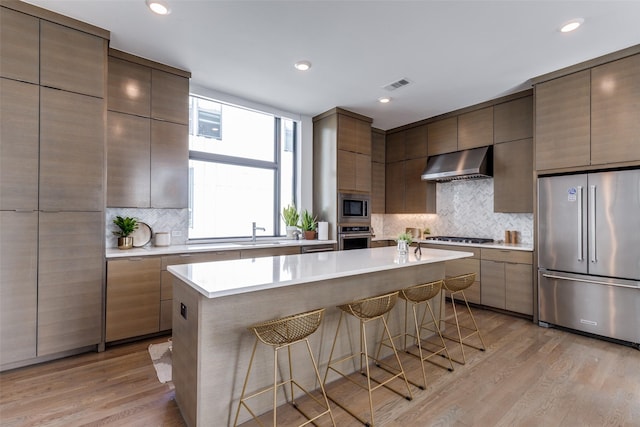 1922 La Croix Pl, Dallas, TX 75214 - kitchen with modern cabinets, appliances with stainless steel finishes, a breakfast bar, a sink, and decorative backsplash