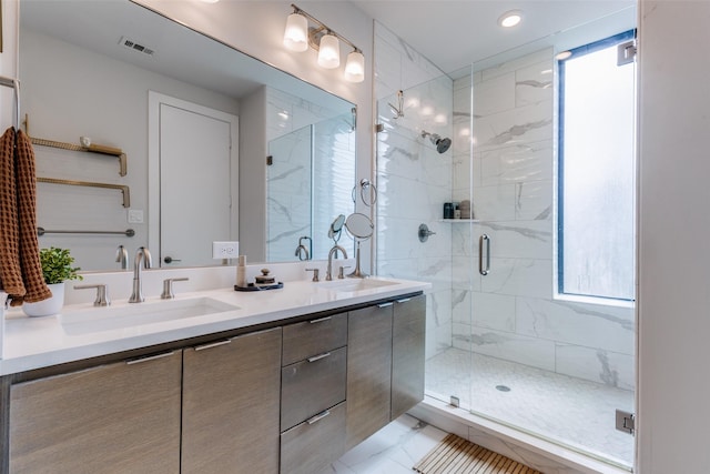 1922 La Croix Pl, Dallas, TX 75214 - bedroom featuring light carpet, recessed lighting, connected bathroom, a sink, and a ceiling fan