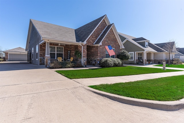 craftsman-style house featuring stone siding, a gate, roof with shingles, a front yard, and brick siding