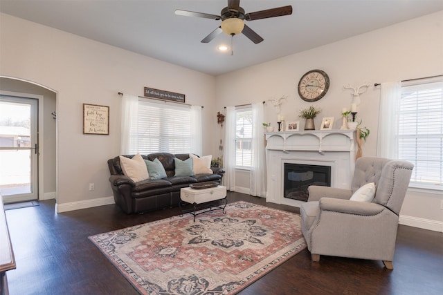 living area featuring wood finished floors, a ceiling fan, baseboards, and a healthy amount of sunlight