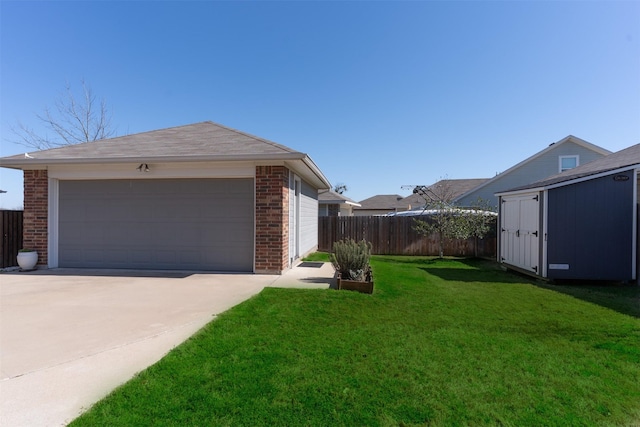 exterior space featuring fence, an outdoor structure, and brick siding