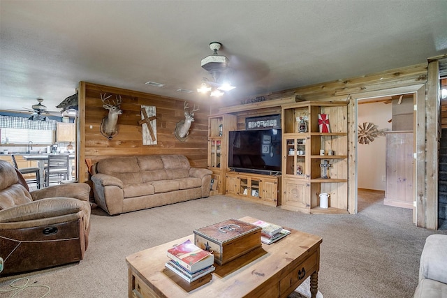 7203 Pump Station Rd, Jacksboro, TX 76458 - carpeted living area featuring ceiling fan, a sink, and wood walls