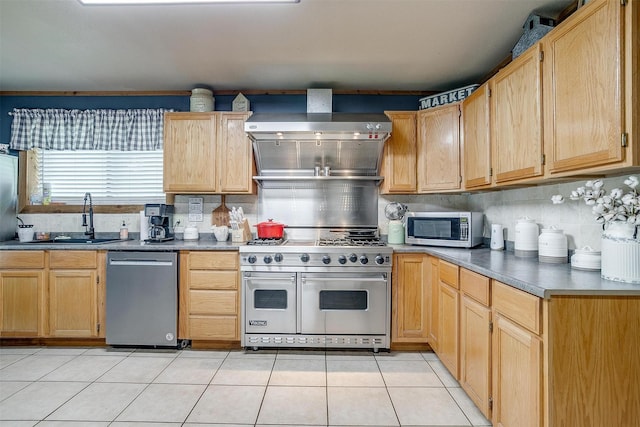7203 Pump Station Rd, Jacksboro, TX 76458 - kitchen featuring appliances with stainless steel finishes, a sink, tasteful backsplash, wall chimney range hood, and light tile patterned floors